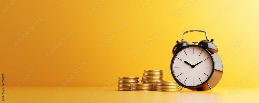 Poster a clock beside a stack of coins symbolizes the relationship between time and money in finance and in