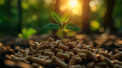 Fototapeta premium A small green plant sprout growing from a pile of wood pellets with the sun shining in the background.