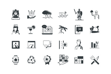 Chart, Cocktail, Digital data, Doctor, Flag, set of icons for web design, vector illustration