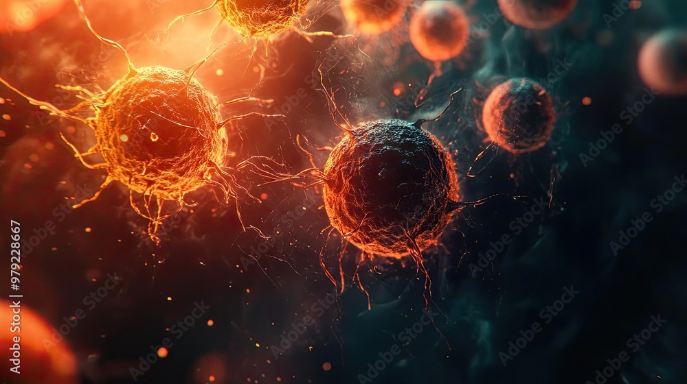 Poster stunning digital representation of cells in a vibrant background, showcasing intricate details of ce