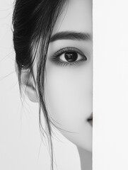 Fototapeta premium asiatin, geisha, japanerin, portrait, kunst, foto, frau, schönheit, gesicht, haar, leitbild, gestalten, auge, auge, black, leute, glamour, make-up, close up, haut, schwarz weiß, ausdruck, make-up, bli