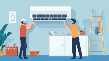 An air conditioning system being repaired in a home, with a technician carefully adjusting the internal components, and a ladder and toolbox positioned nearby
