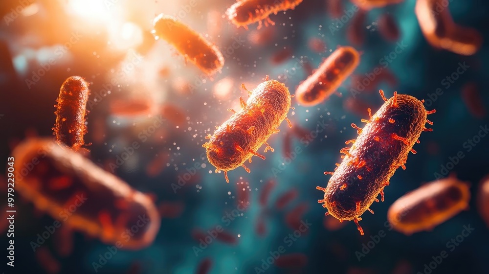 Poster close-up view of colorful bacteria in a scientific background, illustrating the complexity of microb