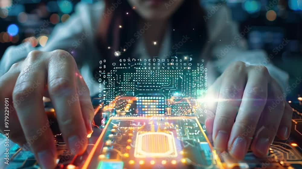 Poster female engineer interacting with augmented reality interface on futuristic circuit board