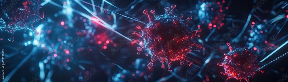 Poster abstract representation of virus particles in a digital environment, illustrating the complexity of 