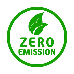 Zero emission eco friendly power badge. Sustainable energy and environmental responsibility label with green leaves and circle shape design.