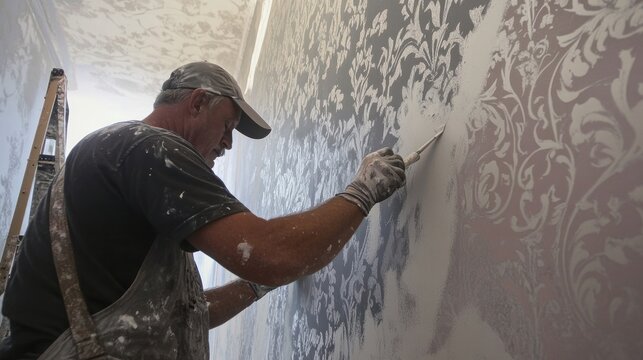 An artist renovating a feature wall with intricate patterns, using unique tools like stencils and specialty brushes to create a detailed, artistic design