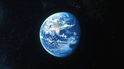 Obraz premium A panoramic view of Earth from space, the Blue Marble glowing with its oceans and landforms, a symbol of global unity and beauty.