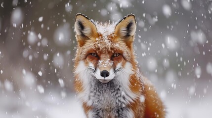 Obraz premium Close-up of a red fox in a snowy winter landscape