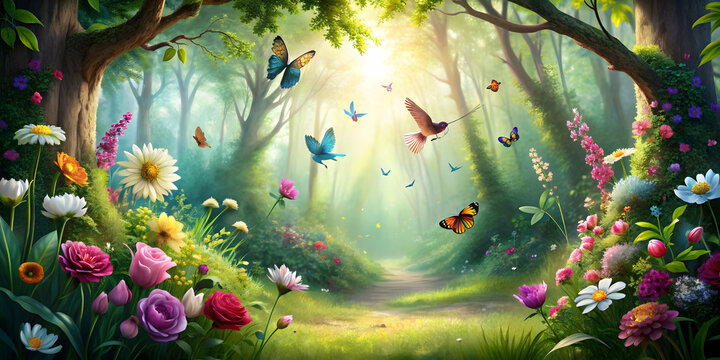 Enchanted forest with blooming flowers, singing birds, and fluttering butterflies, Springtime, nature, whimsical, melody