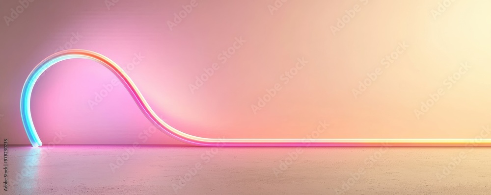 Poster a vibrant neon light display creating a smooth curve against a pastel backdrop, perfect for modern d