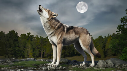 Naklejka premium A gray wolf in a forest howls at the moon at evening. 