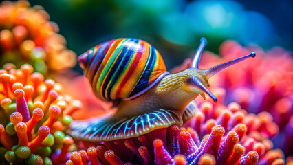 Close-up view of a colorful snail crawling on vibrant coral, snail, coral, underwater, marine life, sea creature, close-up