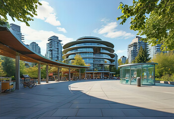 Sketch of panoramic design on the square with 3-storey round buildings, open pedestrian path between the central building and a separate building