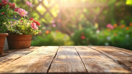 A sunlit wooden table in a garden, surrounded by colorful flowers in pots.