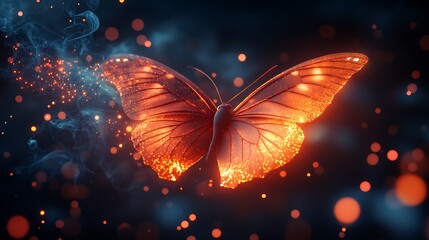 A fiery butterfly with glowing wings, surrounded by smoke and particles, against a dark background.