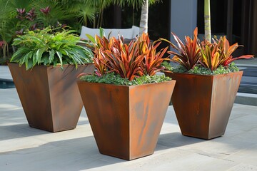 Three modern rust-colored rectangular planters filled with vibrant tropical plants on a contemporary patio.