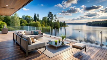 Modern lakeside terrace with sleek furniture, glass railing, and stunning water views, modern, terrace, lakeside