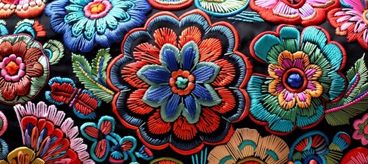 Vibrant textile with floral embroidery, celebrating Hispanic heritage and detailed craftsmanship.