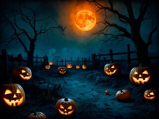 Fototapeta premium A carved halloween pumpkins with glowing eyes and smiles, scary trees silhouettes at full moon night. Fall autumn season Samhain holiday Jack-o-Lantern spooky vintage post card illustration.