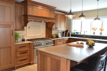 Fototapeta premium Modern kitchen with wooden cabinetry, marble countertops, and stainless steel appliances. Bright and spacious with natural light.