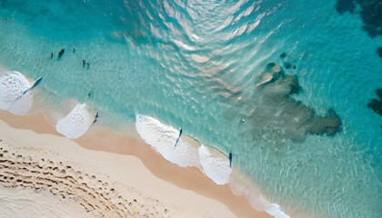 Obraz premium Aerial view tropical beach crystal clear turquoise water sandy beach minimalist composition dreamy atmosphere