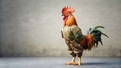 Military rooster in uniform standing at attention, rooster, military, uniform, soldier, animal, bird, proud, standing