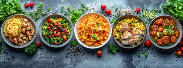Varied food collage. Assortment of dishes from vegetables, meat and pasta. Delicious food made from chicken meat and vegetables.