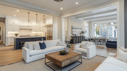 Modern open-concept living room and kitchen with stylish furniture, elegant lighting, and large windows providing ample natural light.