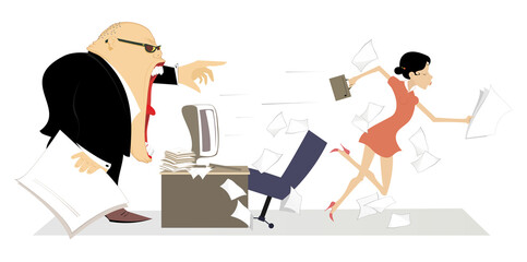 Angry boss and employee woman. Angry chief scolds his employee woman.
Employee runs away from the angry director. Angry chief scolds his employee and points him get out from the office
