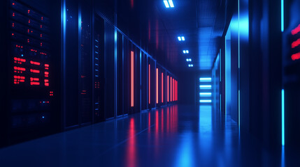 Fototapeta premium Server racks in computer network security server room data center 3D render dark blue. 3d waiter