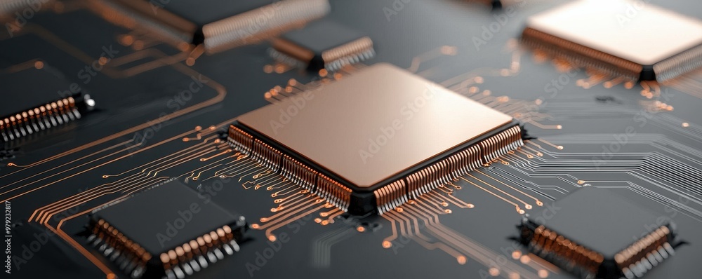 Poster microchip on a circuit board showcasing intricate details and advanced technology.