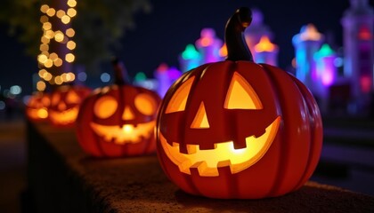 Fototapeta premium Glowing jackolanterns at night festive Halloween decorations
