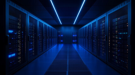 Server racks in computer network security server room data center 3D render dark blue. 3d waiter