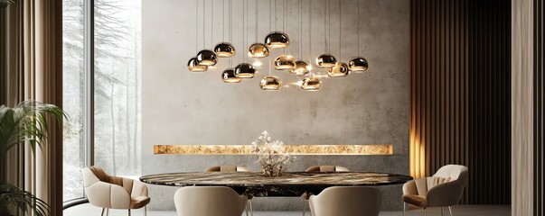 Modern dining room with elegant lighting, minimalist decor, and a large window with natural light. Sophisticated interior design and stylish ambiance.