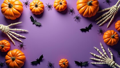 Fototapeta premium Spooky Halloween decor with pumpkins and skeletal hands