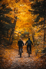 Obraz premium A photo of a couple enjoying a romantic bike ride along a picturesque trail adorned with vibrant fall colors.