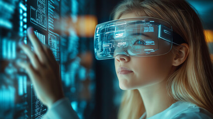 beautiful business woman with transparent VR big glasses touching olographic screen with kpi graphics and projects data