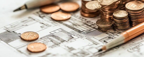 Close-up of coins and pens on architectural blueprints, representing investment, finance, and planning in building construction.