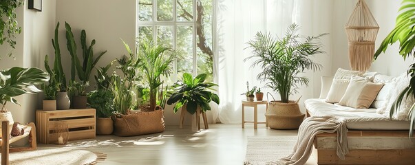 Fototapeta premium Cozy living room with lush indoor plants and natural sunlight, creating a relaxing and eco-friendly atmosphere in a modern home setting.