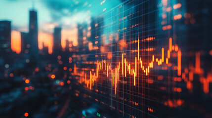 market bar chart with numbers letting see at sunset New York city business center in background representing finance investment and trading concept. 