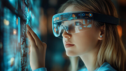 beautiful business woman with transparent VR big glasses touching olographic screen with kpi graphics and projects data
