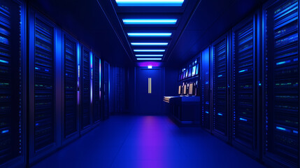 Server racks in computer network security server room data center 3D render dark blue. 3d waiter