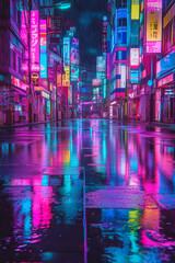 Fototapeta premium A rainy street in Tokyo, devoid of cars, reflecting vibrant neon lights from surrounding signs and buildings