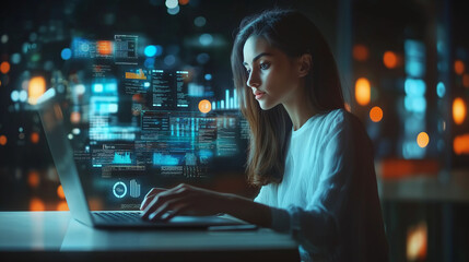 Woman using a laptop computer that show a kpi graph, istograms, virtual screen interfaces
