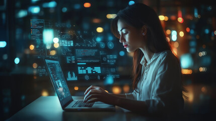 Woman using a laptop computer that show a kpi graph, istograms, virtual screen interfaces
