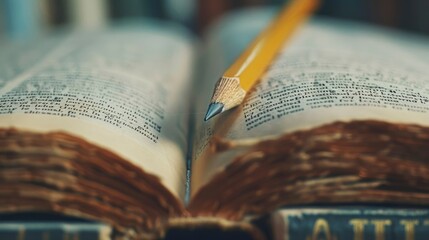 A close-up of an open book with a pencil on it.