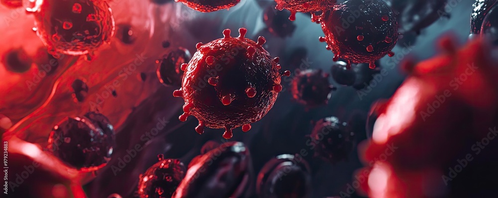 Poster microscopic view of virus particles in vibrant red and blue tones, illustrating the complexity of vi