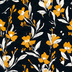 Obraz premium Modern printed fabric wildflower blockprint pattern with linen fabric textures. Stylized hand drawn boho dark florals for decorative design elements in repeatable background tile.