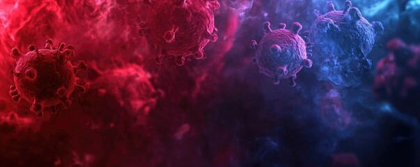 Abstract representation of viruses in vibrant colors, symbolizing health and disease, ideal for medical and scientific themes.